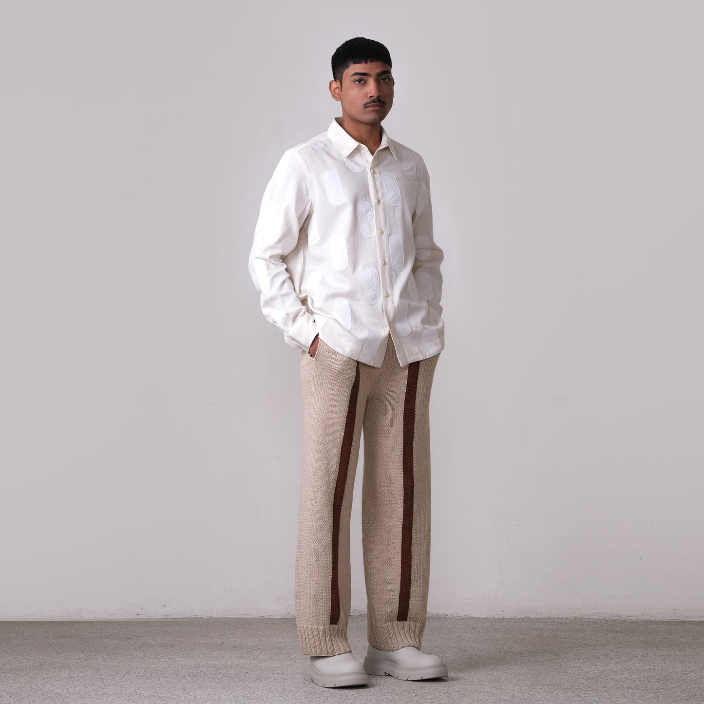 Fibula Striped Hand-knitted Pants- Beige
