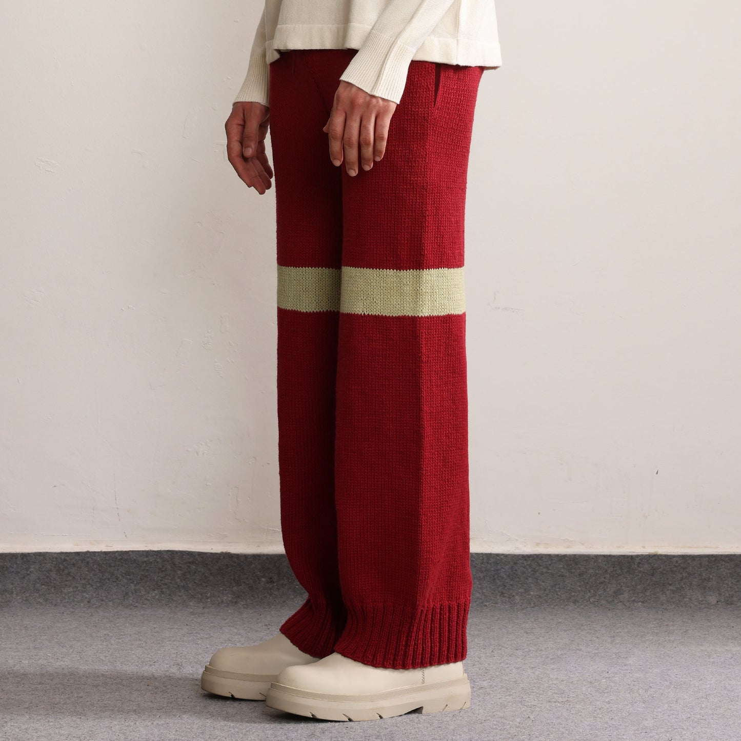 Fibula Striped Handknit Trousers-Maroon