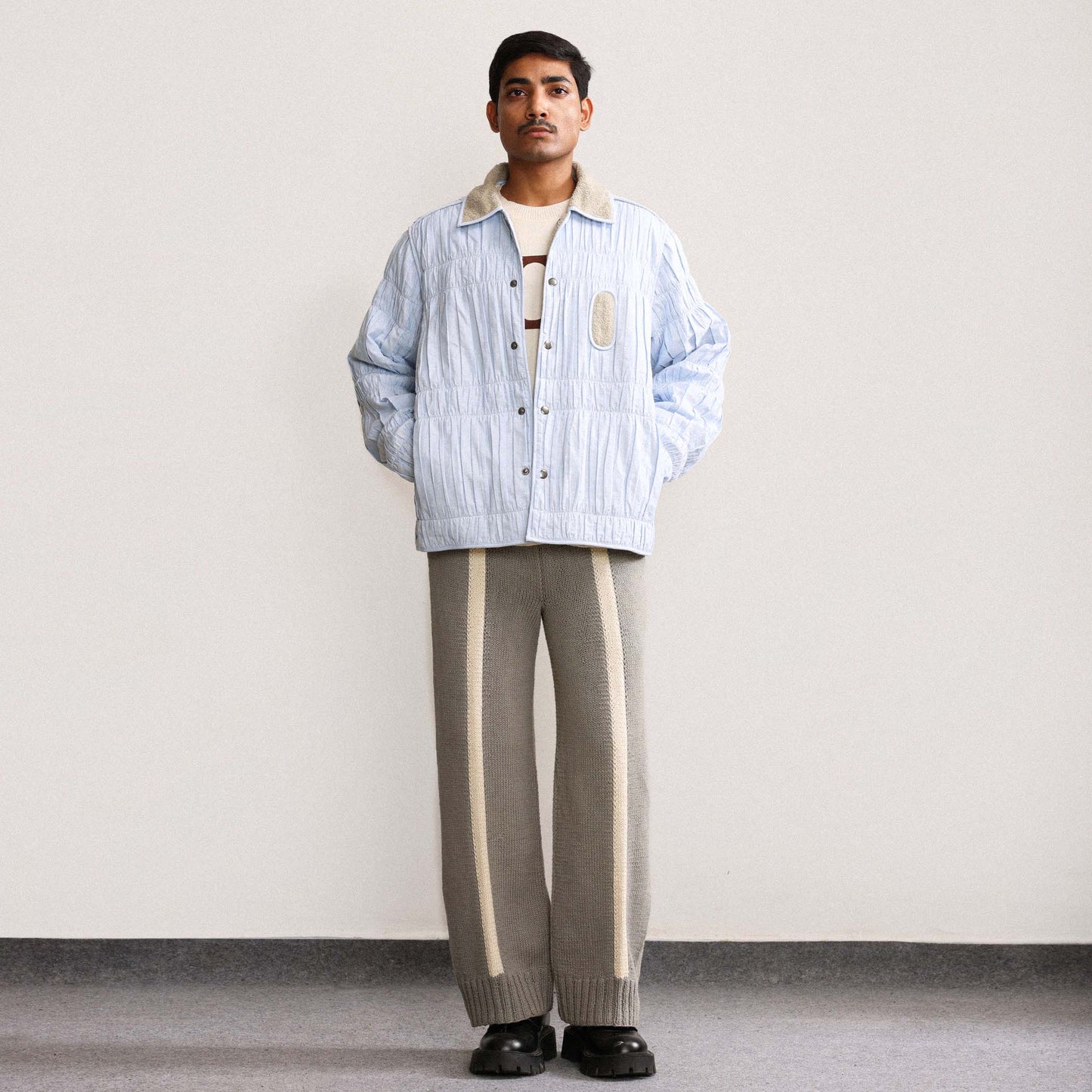 Fibula Striped Hand-knitted Pants- Grey