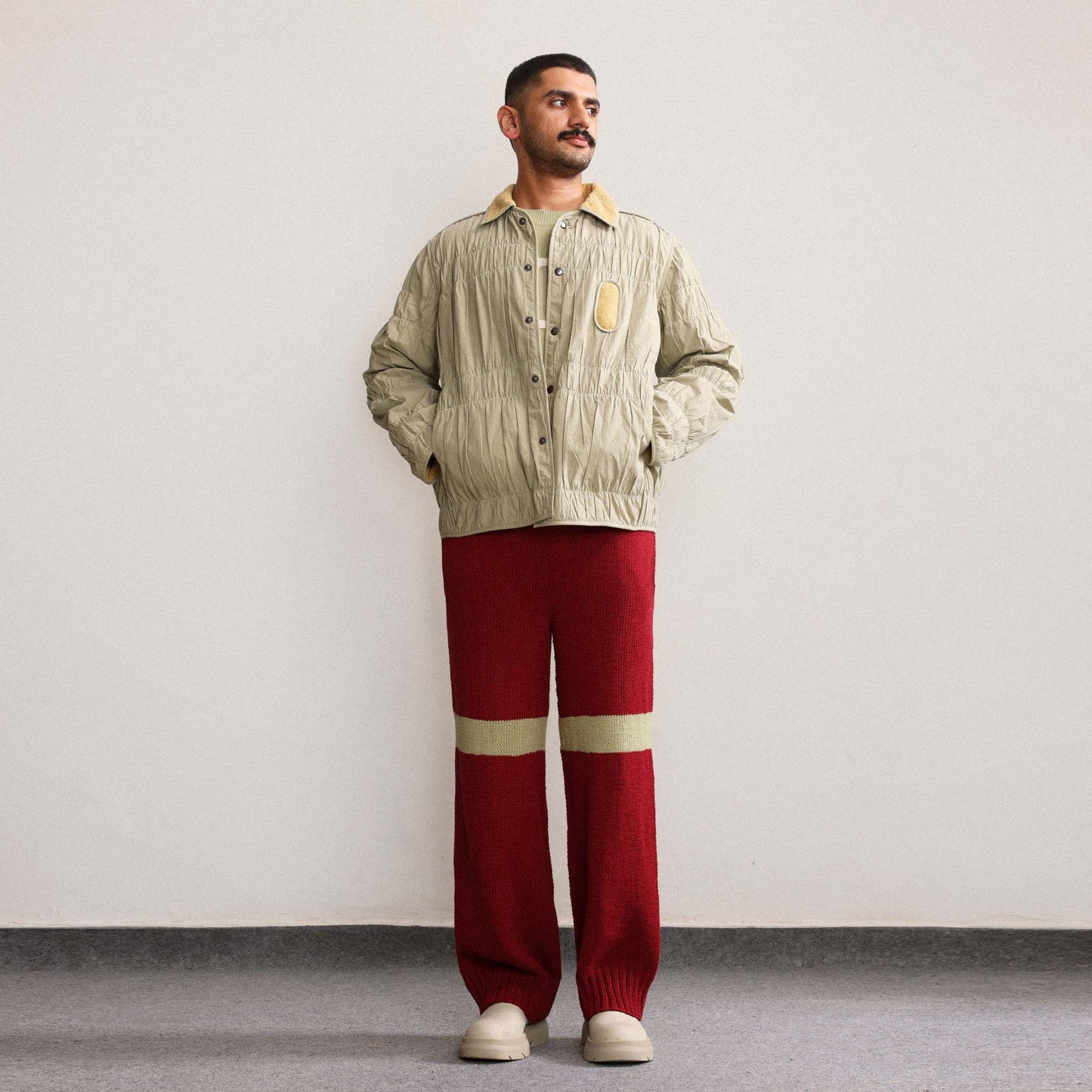 Fibula Striped Handknit Trousers-Maroon