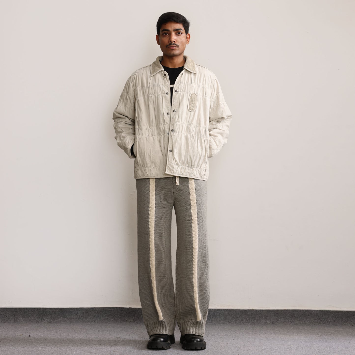 Fibula Striped Hand-knitted Pants- Grey